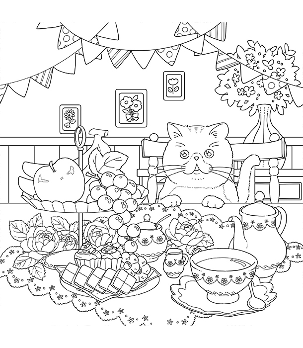 Раскраска A floral journey of a cat seeking the joyful bell от Natsuki (изд. U-CAN Япония)